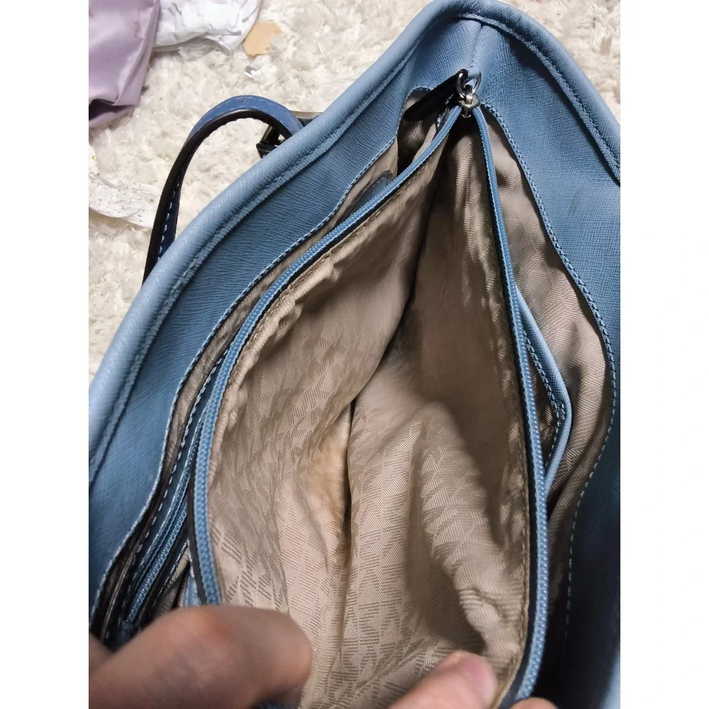 2.Michael Kors Saffiano Leather Two Tone Blue Tote Bag Silver Hardware Charm